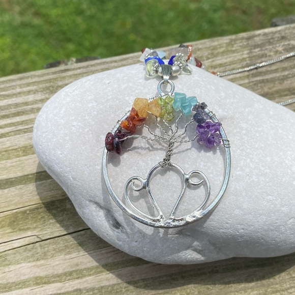 Genuine gemstone tree of life chakra necklace long 30” chain - Picture 4 of 12